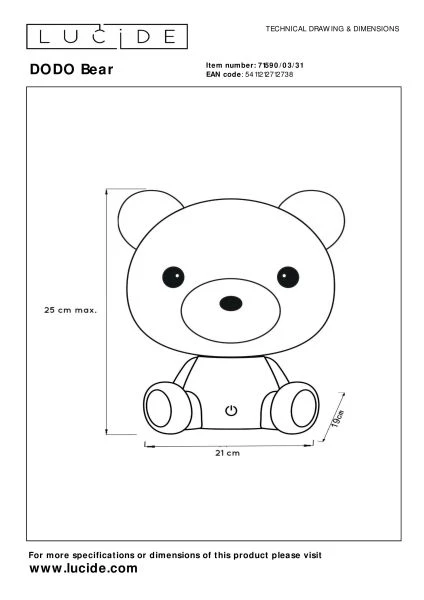 Lucide DODO BEAR - Lámpara de mesa infantil - LED Regul. - 1x3W - 3 StepDim - Blanco - TECHNISCH